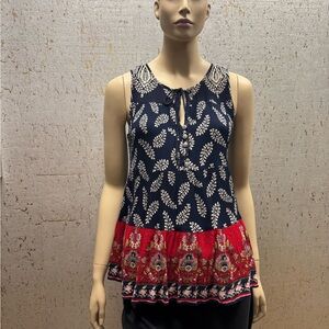 Elegant Navy and Red Patterned Blouse